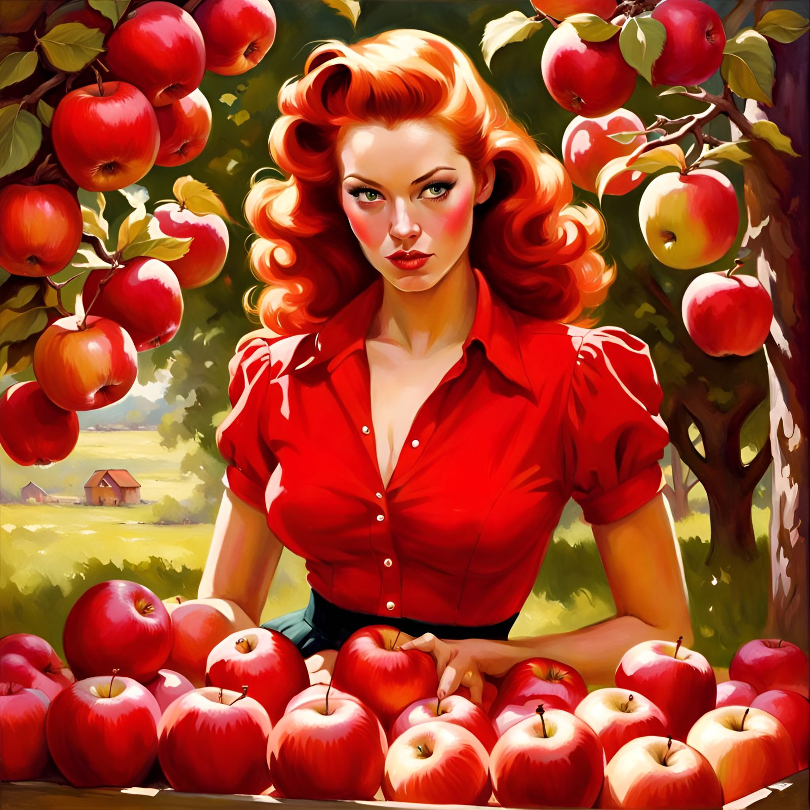 Red-Haired Beauty Surrounded by Apples: Comic Art Style