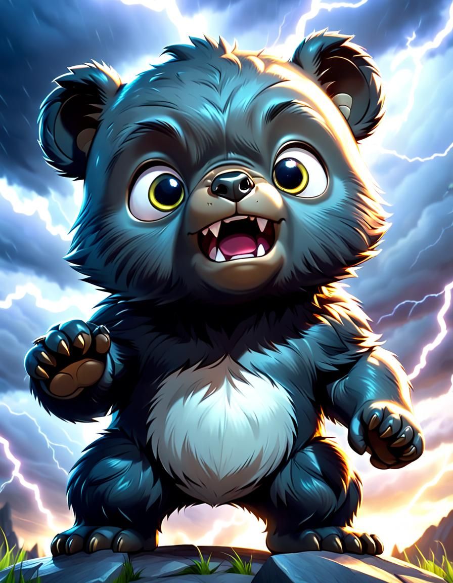 Aggressive Black Bear Cub in Dark Fantasy Style