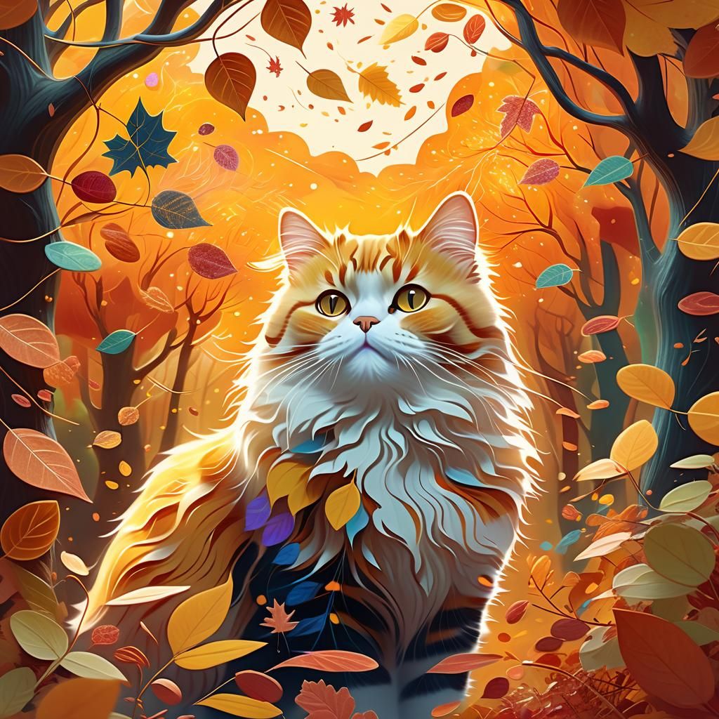 Whimsical Cosmic Cat in Autumn Forest