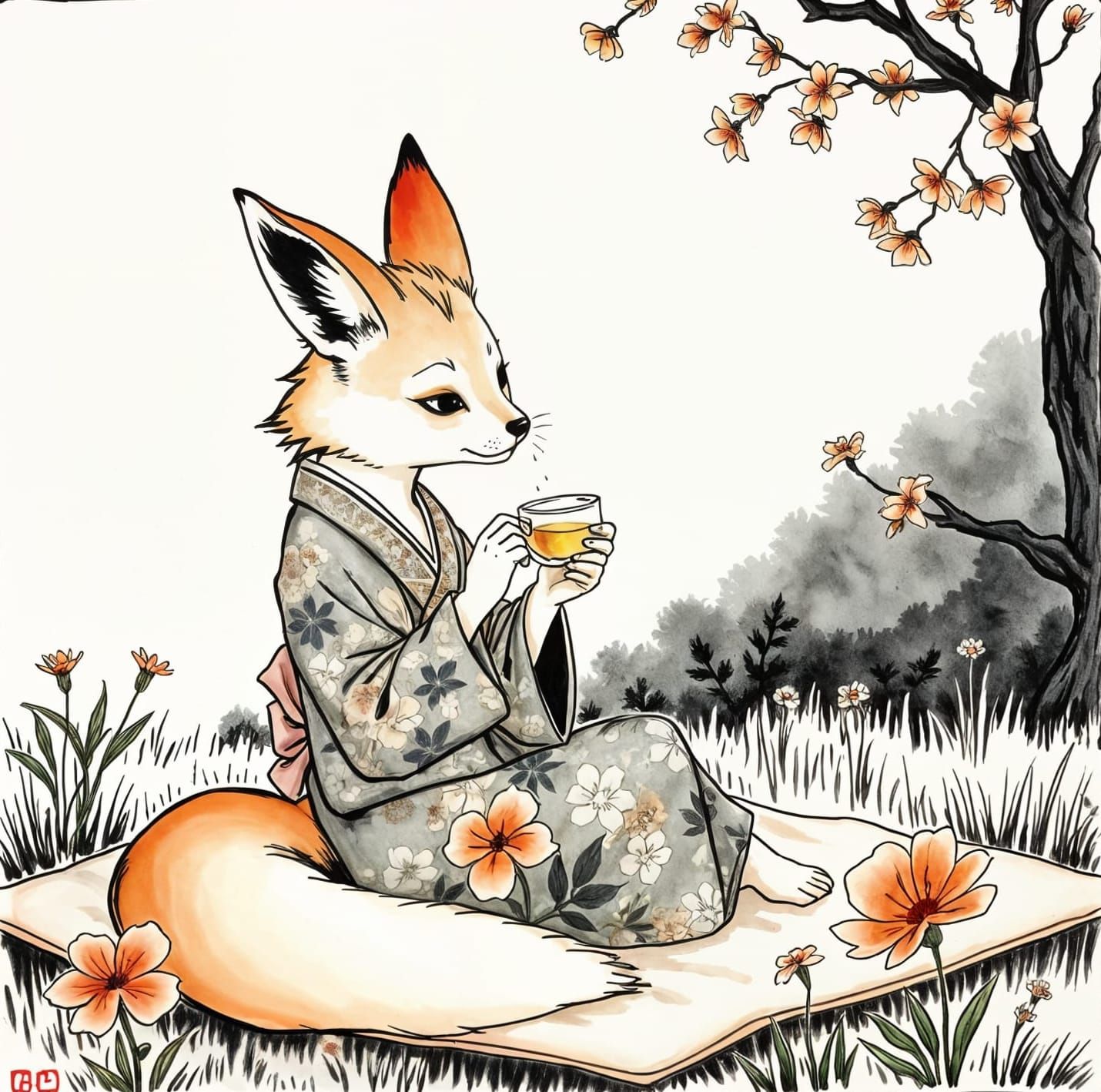 Kitsune Tea Ceremony Under Cherry Blossoms in Ink Painting S...