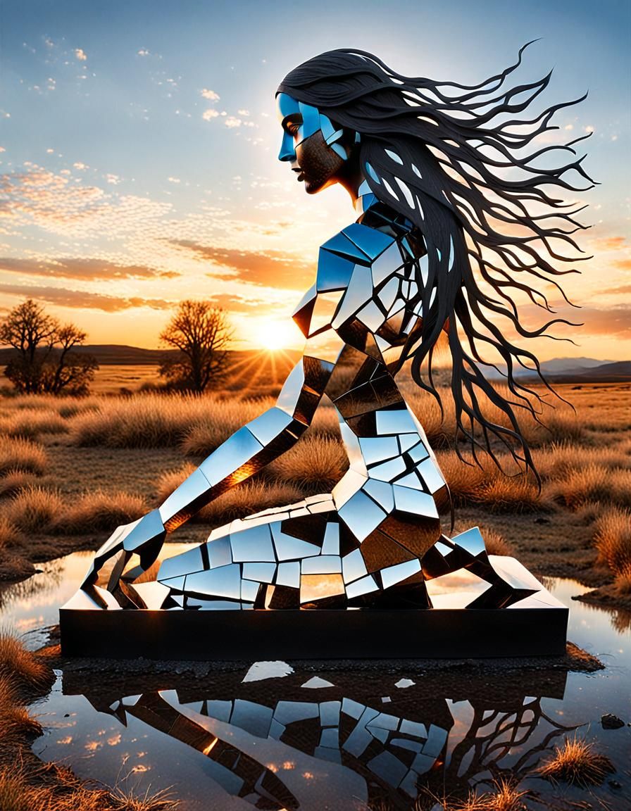 Surreal Fragmented Sculpture of Woman at Sunset