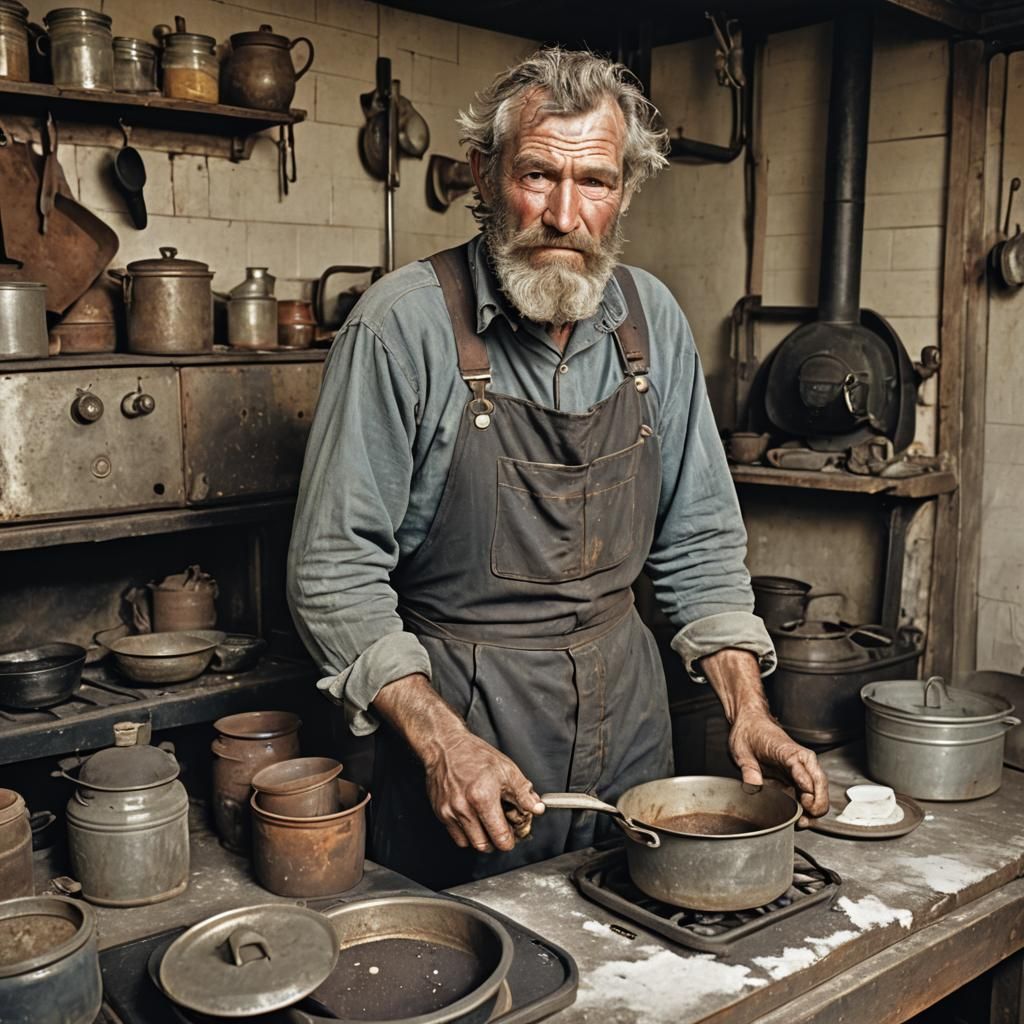 Weathered Man Filling Jars: Detailed Matte Painting
