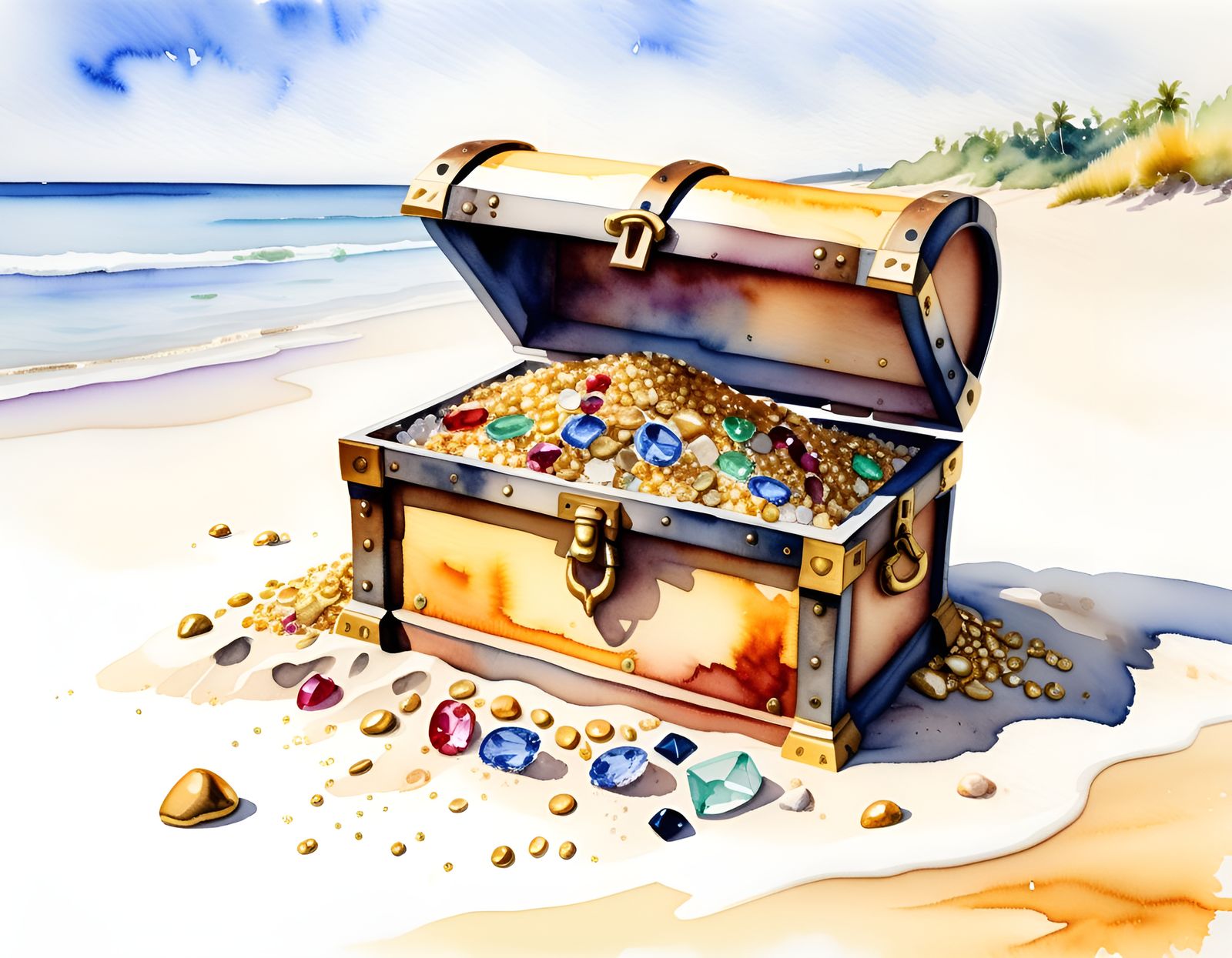 Watercolor Treasure Chest on Sunny Beach