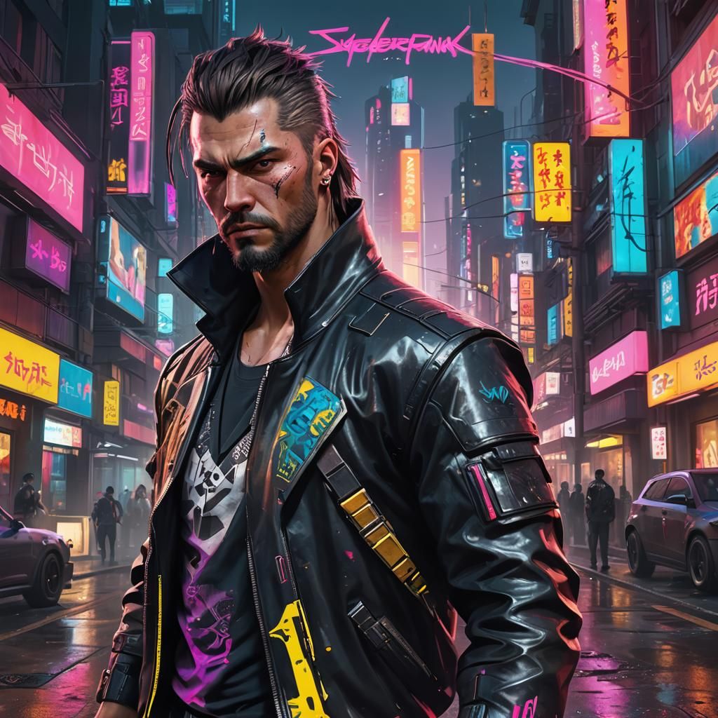 Handsome Cyberpunk Samurai in Neon City, Detailed Portrait