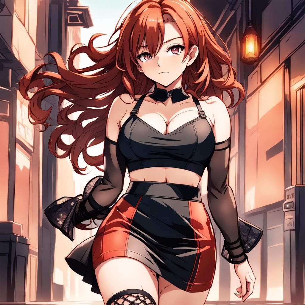 Curvy Anime Woman with Scarlet Hair