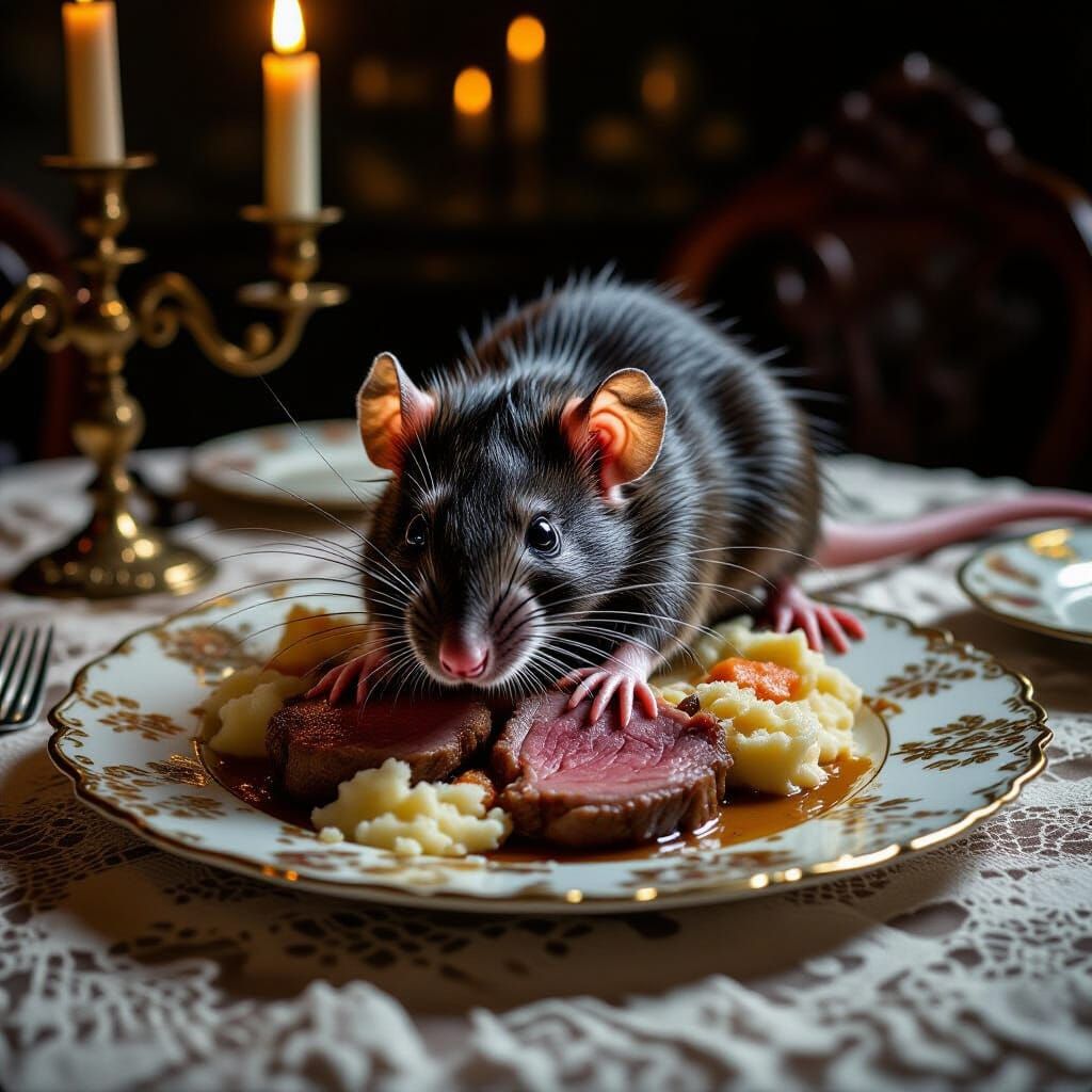 Menacing Rat on Victorian Meal Macro Photography