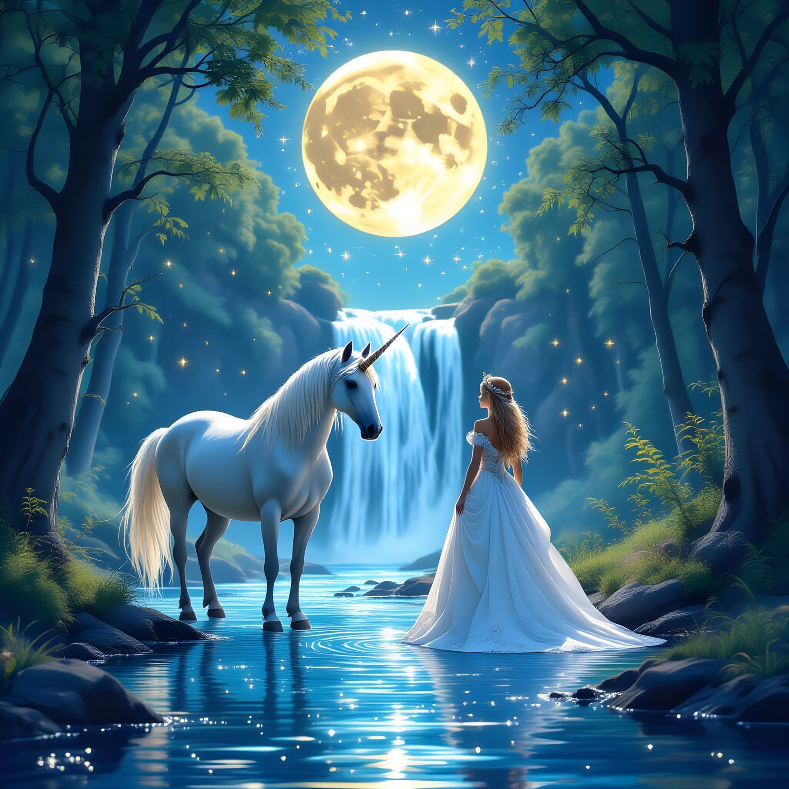 Waterfall Scene with Unicorn and Princess, Astral Illustrati...