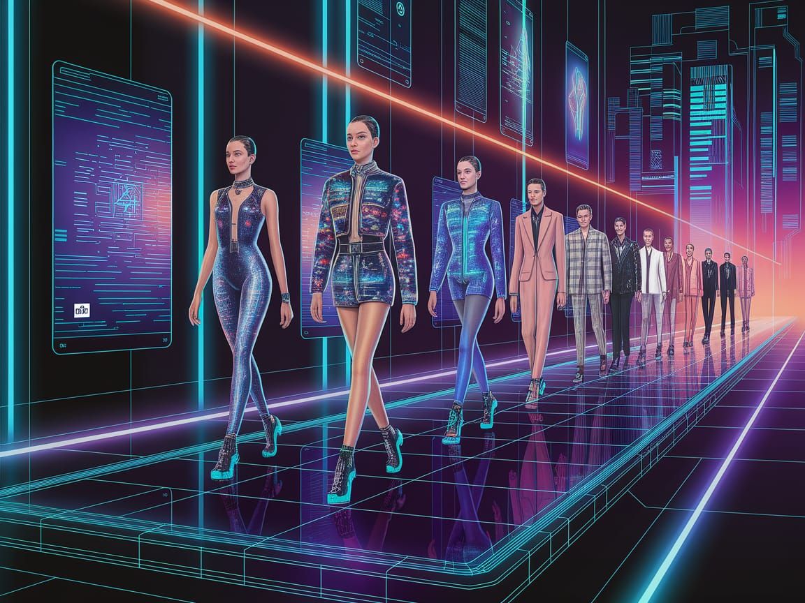 Sleek Cyberpunk Fashion Runway in Neon Hues