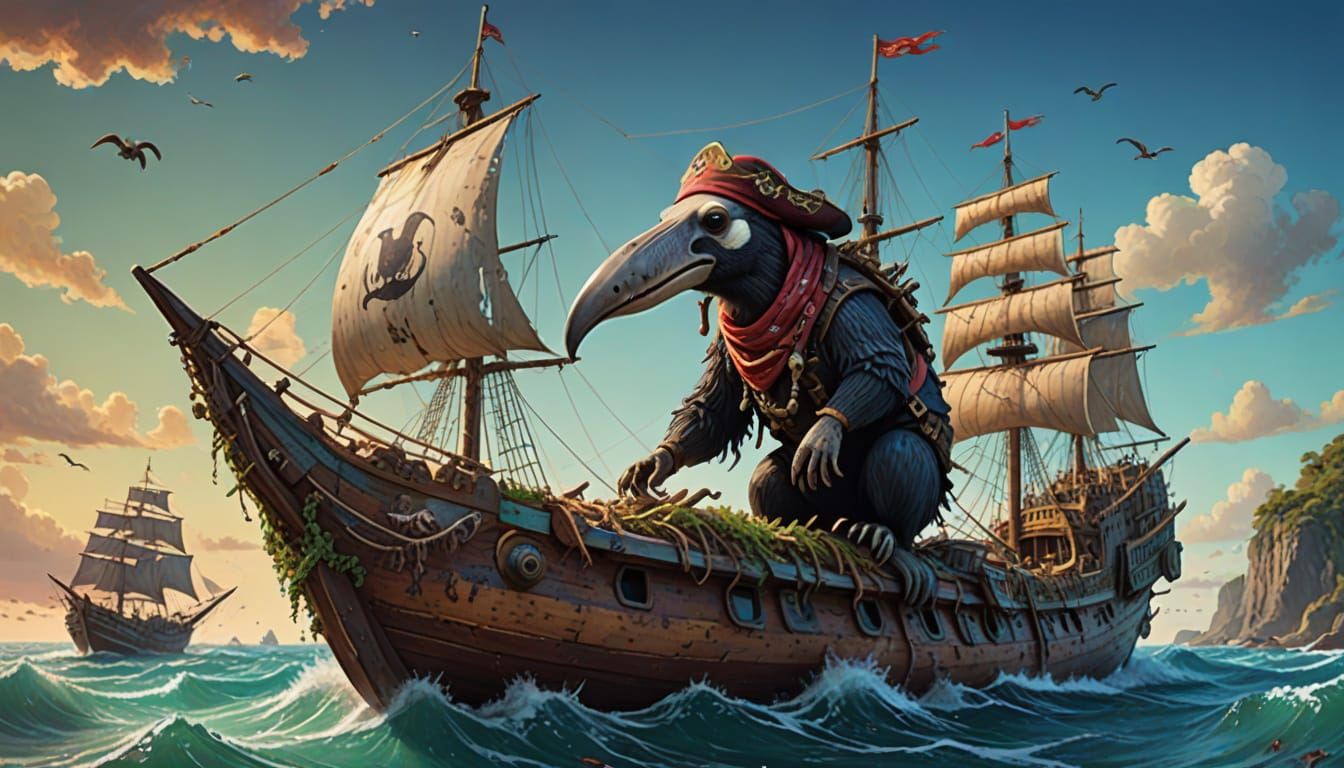Anteater Pirate Captain Commands Ship on Swirling Sea