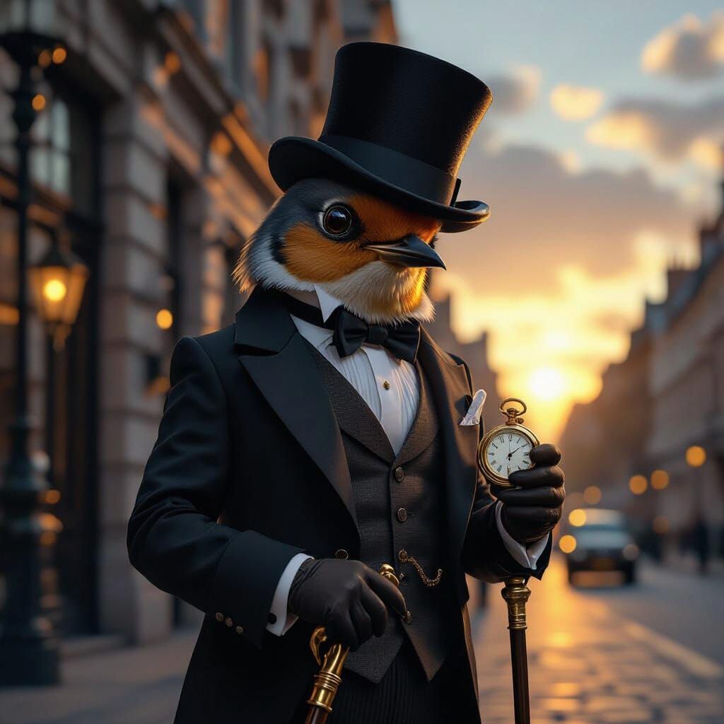 Elegant Robin Gentleman in London, Hyperrealistic CGI