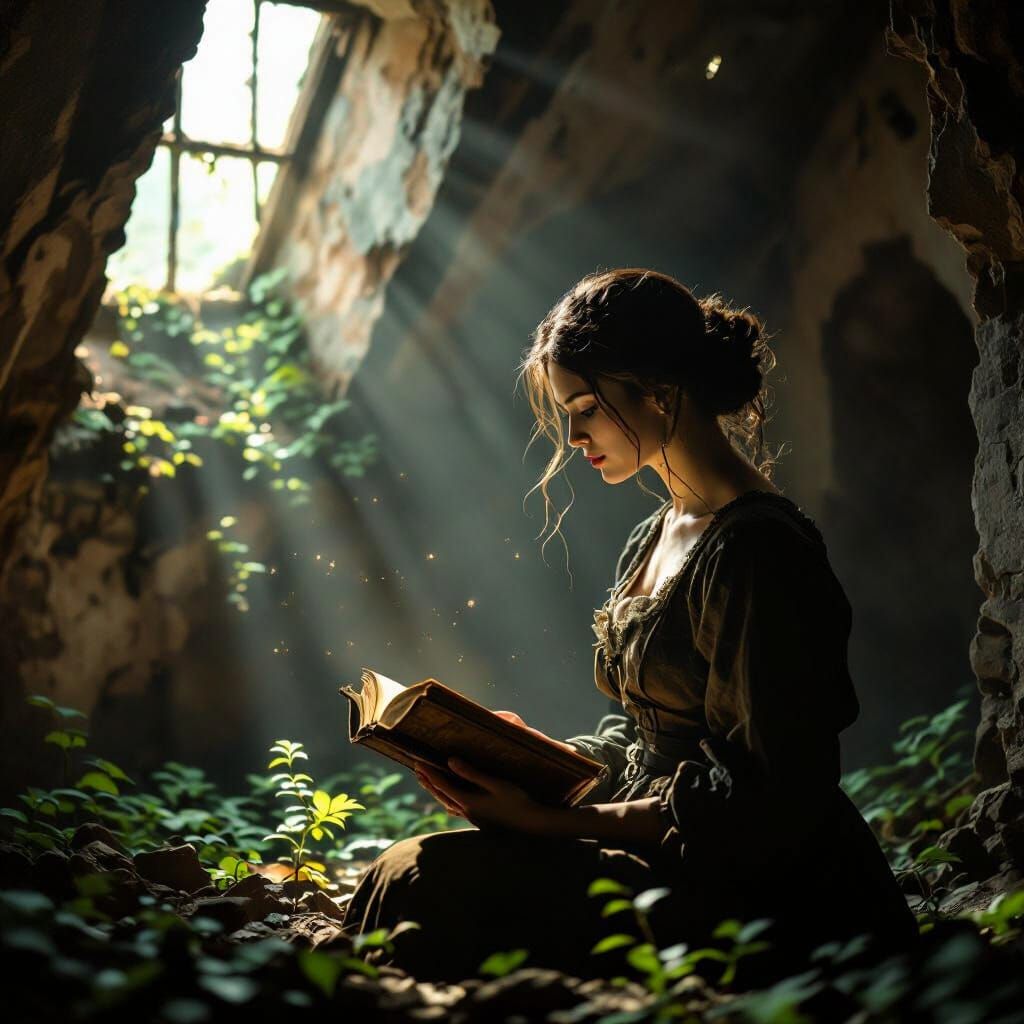 Solitary Woman Reads Ancient Tome in Ruin