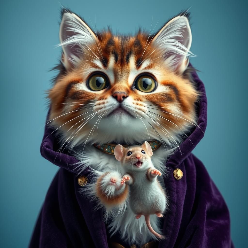 Cat in Velvet Cloak with Mouse, Detailed Digital Art