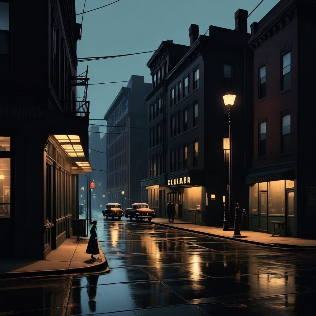 Film Noir Cityscape at Dusk in Dramatic Light