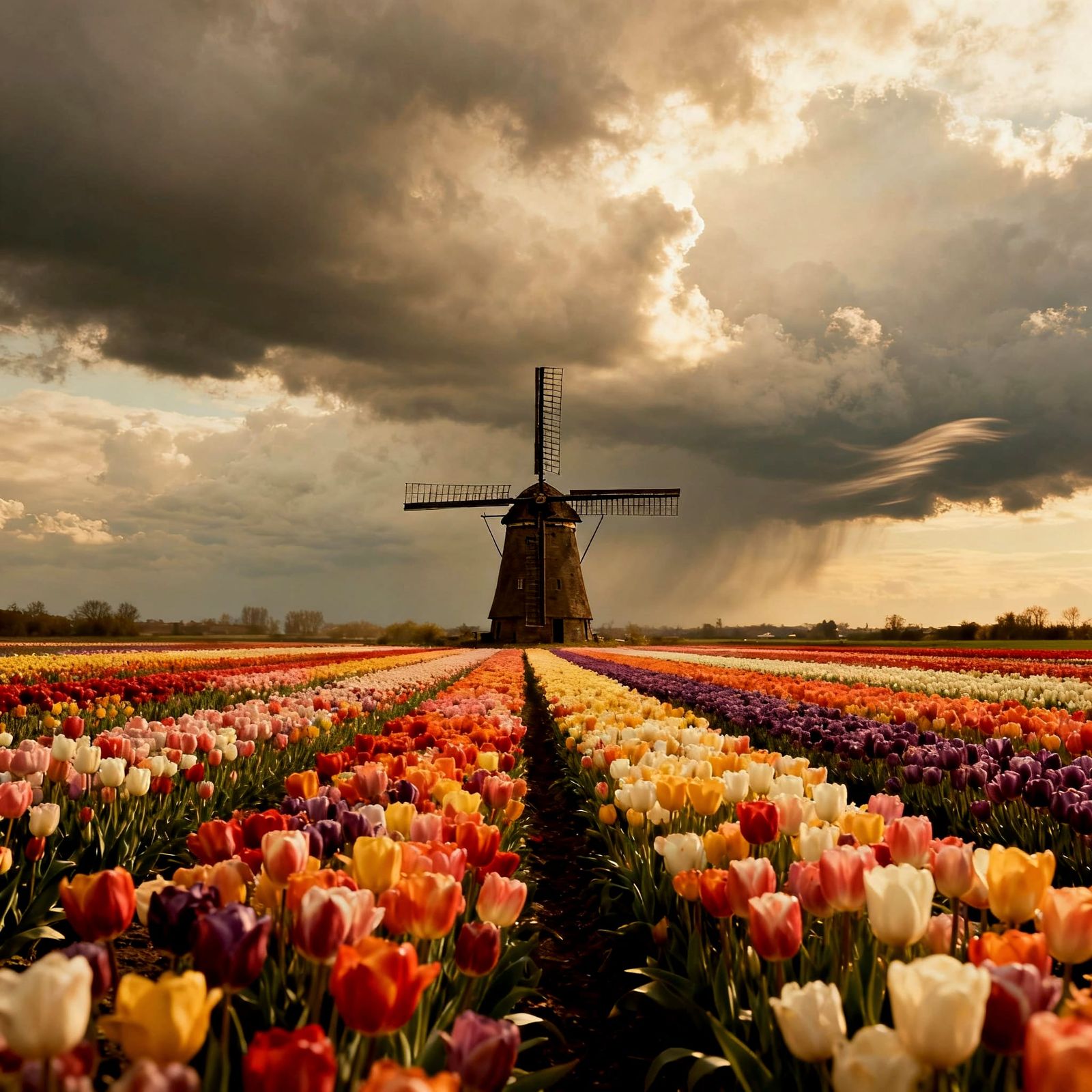 Vast Tulip Field With Dutch Windmill Under Cloudy Sky
