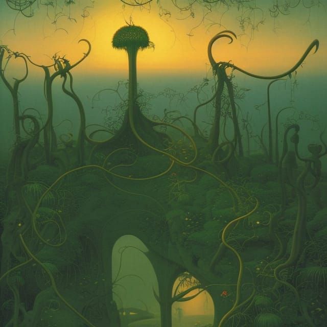 Surreal Garden with Venus Flytraps and Lanterns