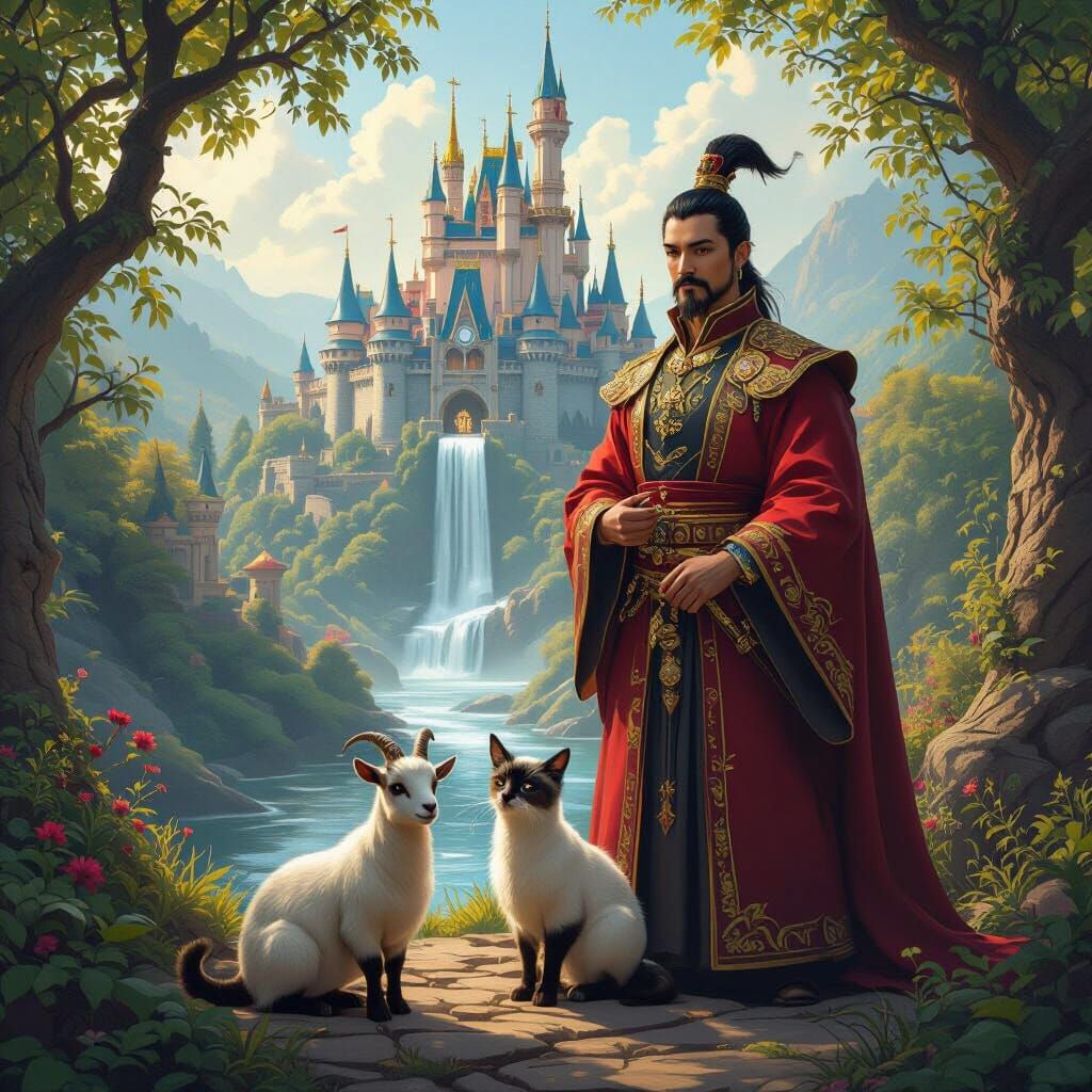 Regal Castle Scene with Master, Cat, Goat, and Beef Stand