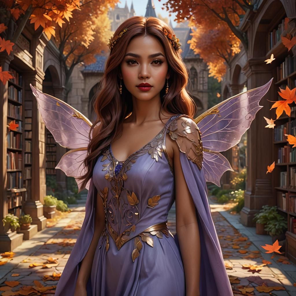 Auburn Haired Woman with Fairy Wings in Library