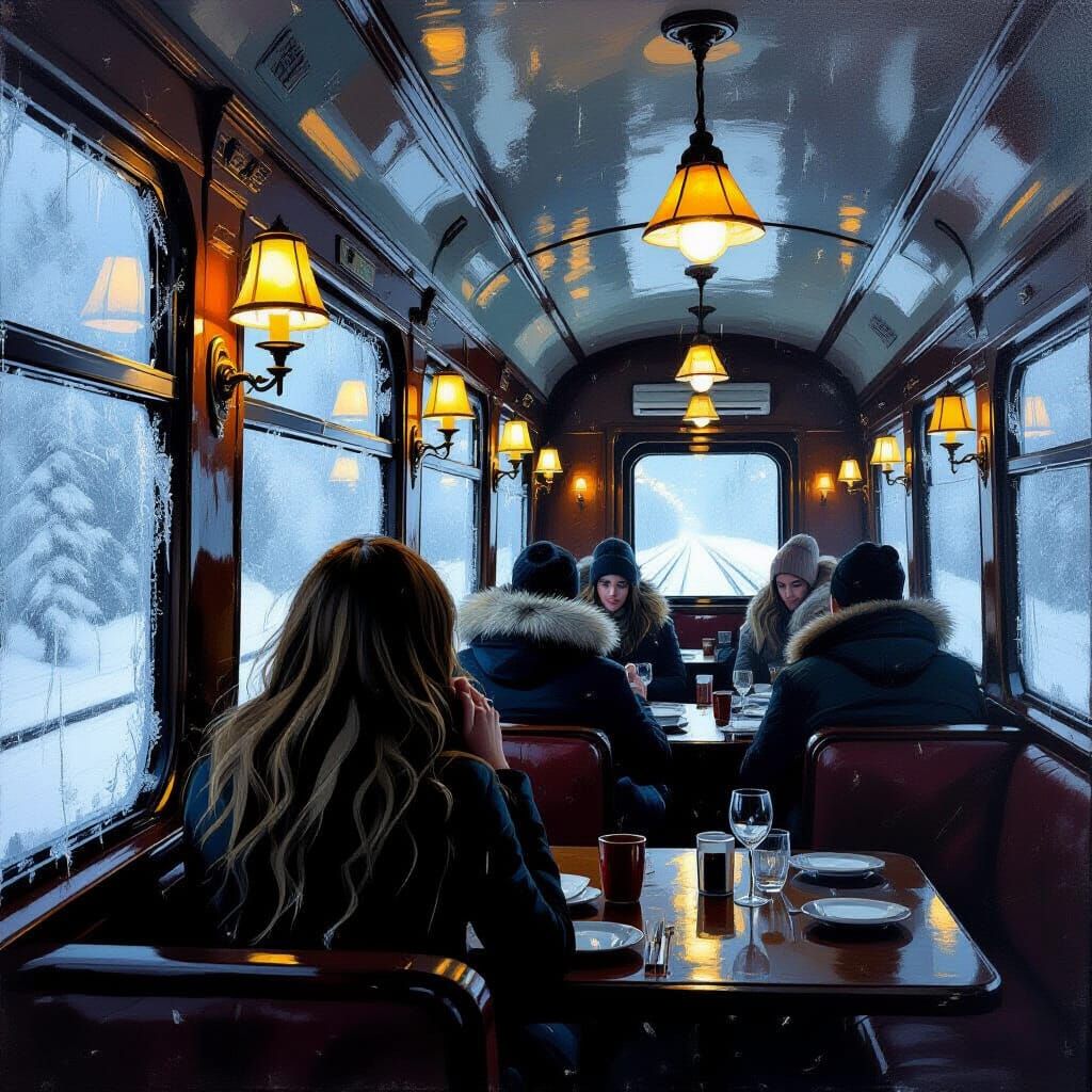 Cozy Train Dining Car in Blizzard, Impasto Style