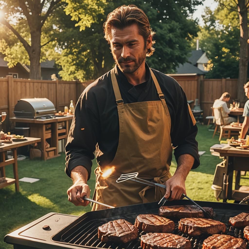 Barbeque Ninja Grilling Steaks in Golden Hour