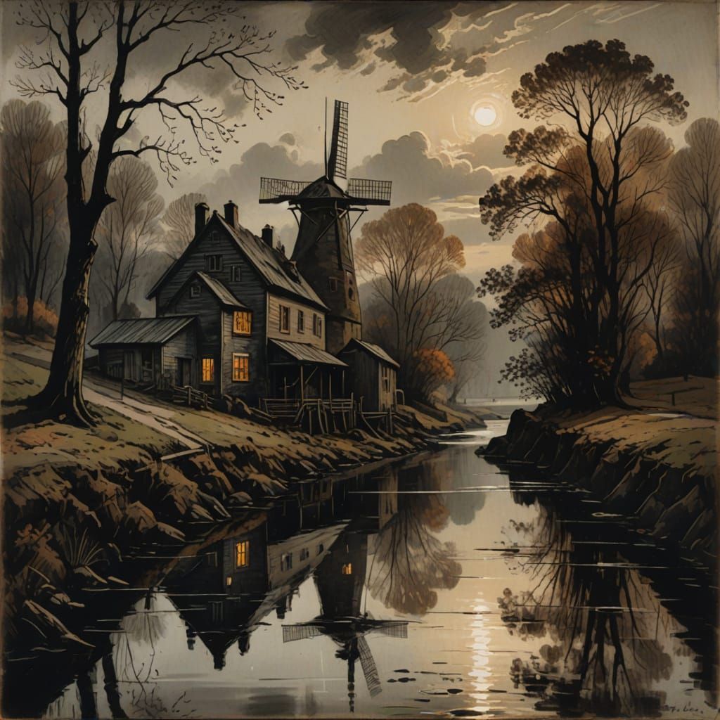 Autumn Mill by River in Expressive Black and White Etching S...