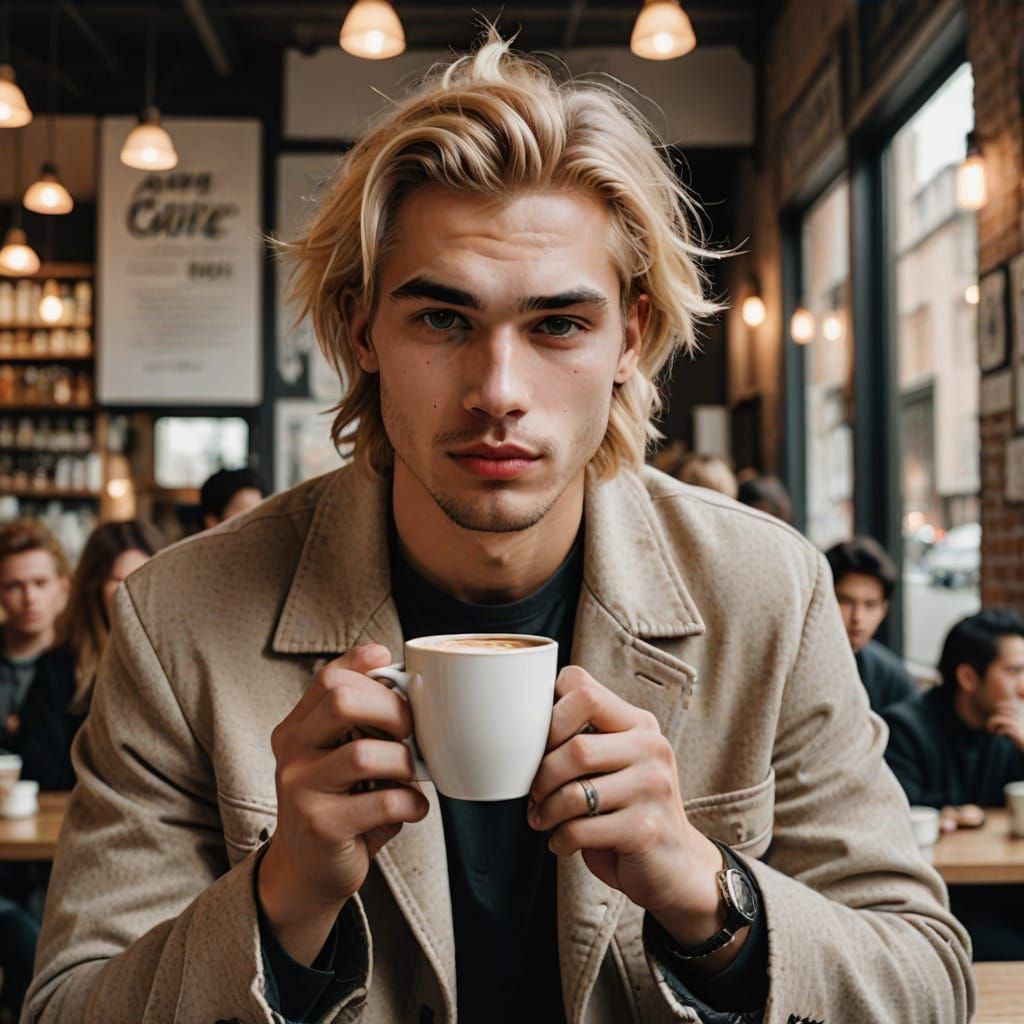 Grunge Guy Sips Latte in Bohemian Cafe