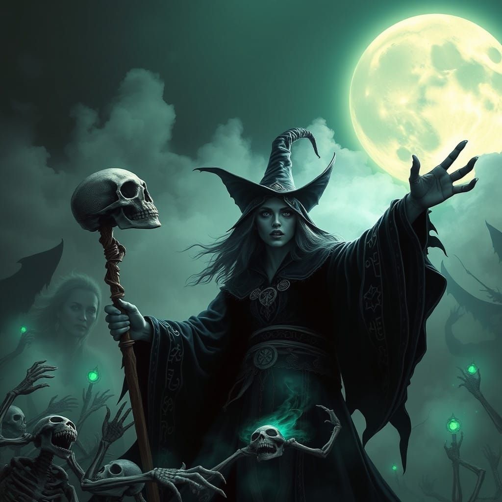 Dark, Mysterious Witch Conjures Skeletal Minions in a Haunti...