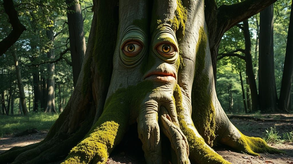 Ancient Forest Tree Trunk in Whimsical Anime Style