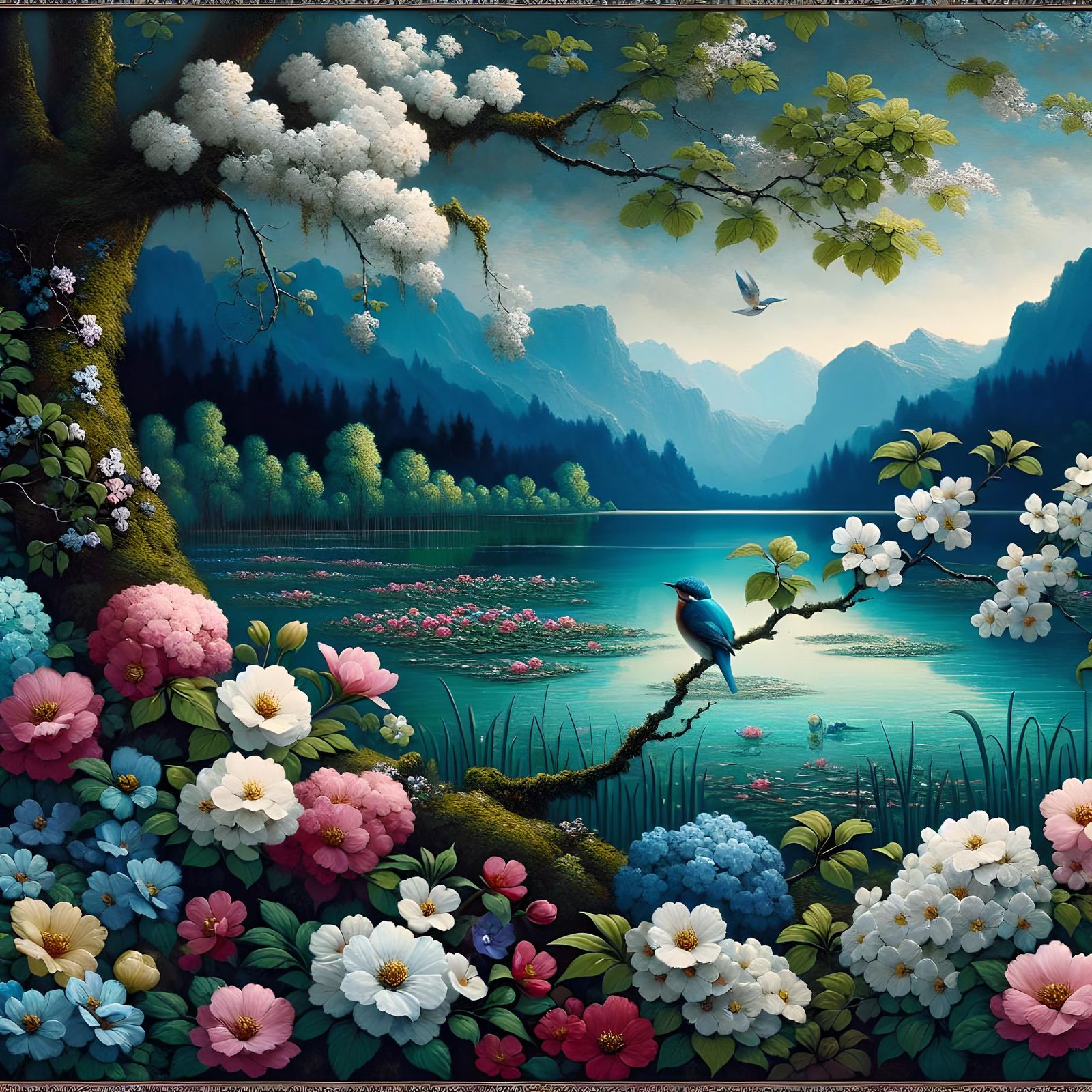 Spring Lake Landscape with Flowers in Art Deco Style
