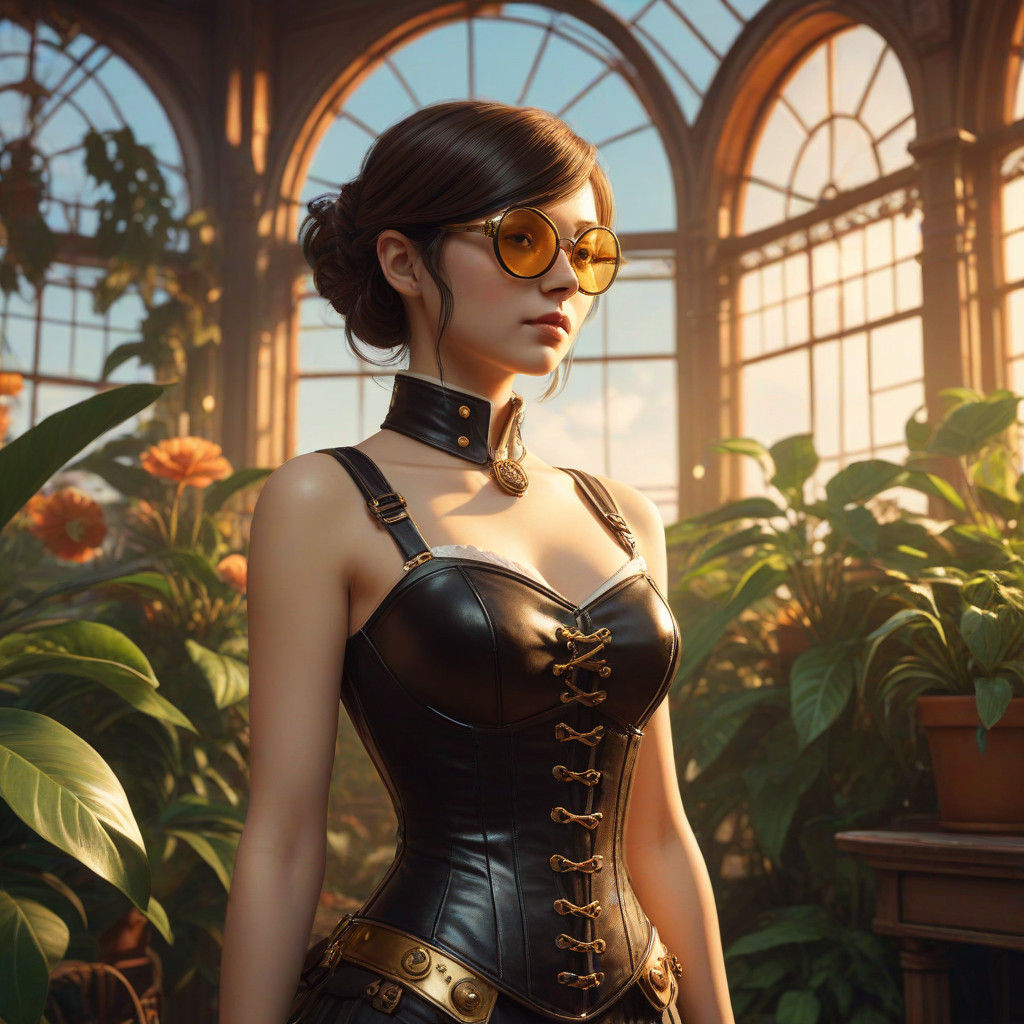 Woman in Lush Steampunk Greenhouse with Vibrant Blooms