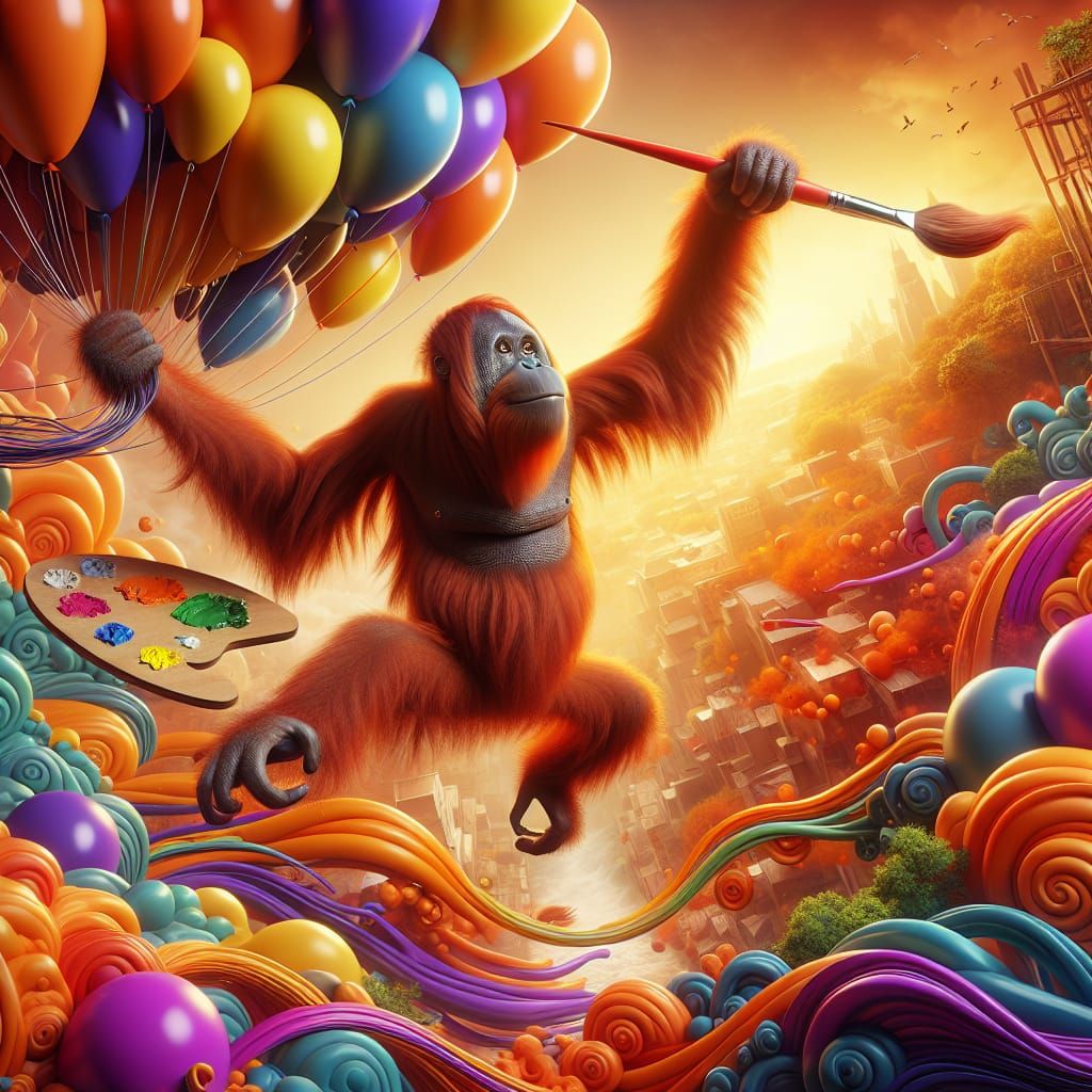 Orangutan Rides Balloons in Whimsical 3D Illustration