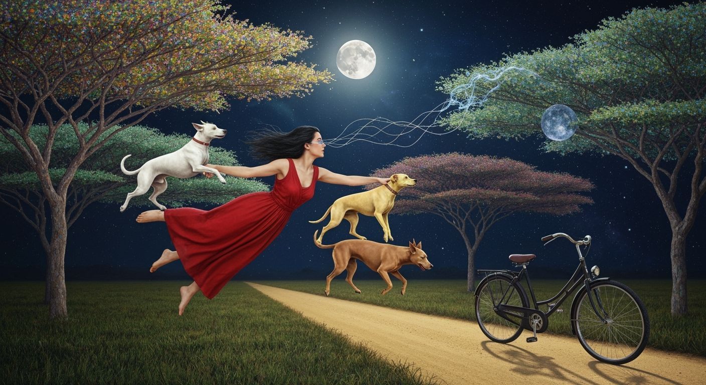 Woman Flying with Dogs Through Mystical Forest