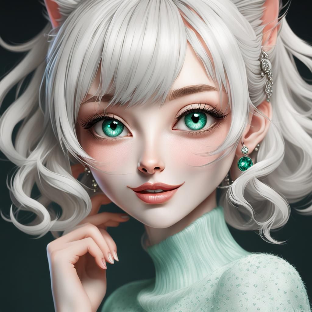 Enchanting Cat-Girl with Emerald Eyes in High Resolution