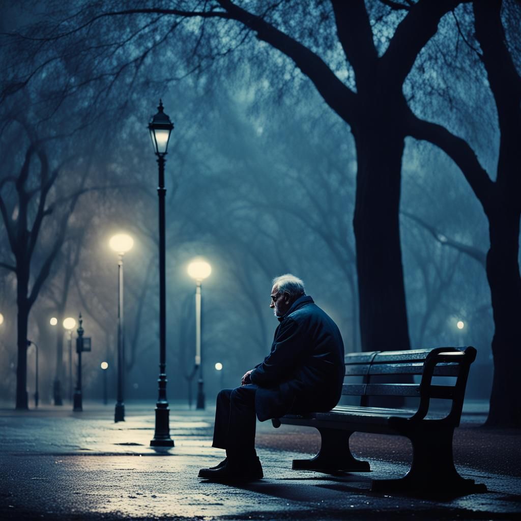 Ethereal Dusk: Lonely Figure in a Rain-Soaked Park