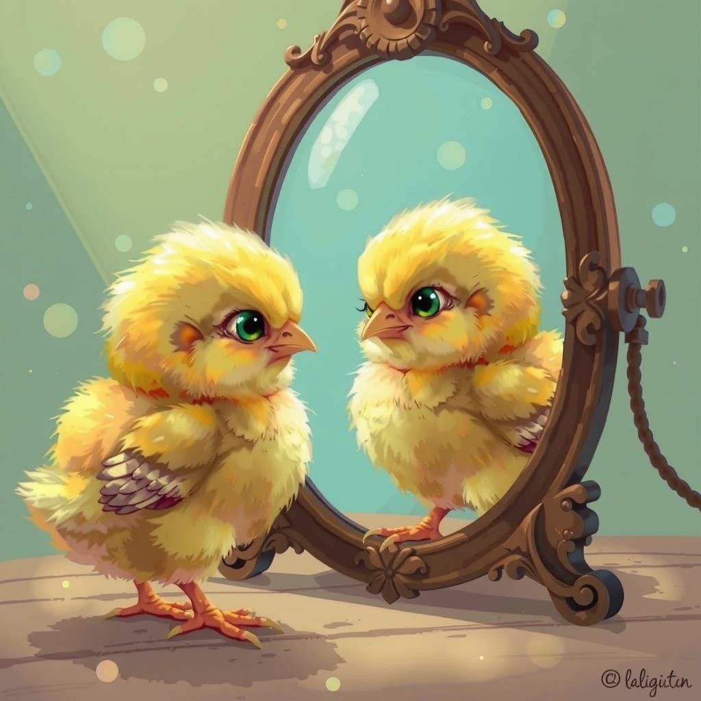 Grumpy Chick Stares Back in Mirror