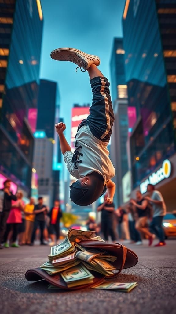 Dynamic Breakdancer Headspin in Neon Cityscape