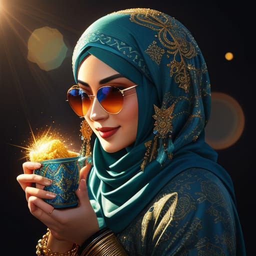 Central Asian Woman in Teal Hijab, Digital Art
