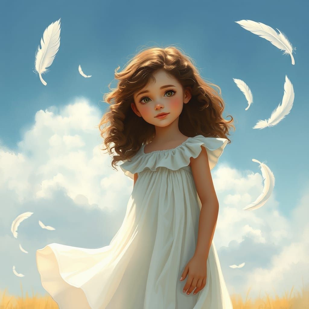 Dreamy Girl in White Dress with Feathers
