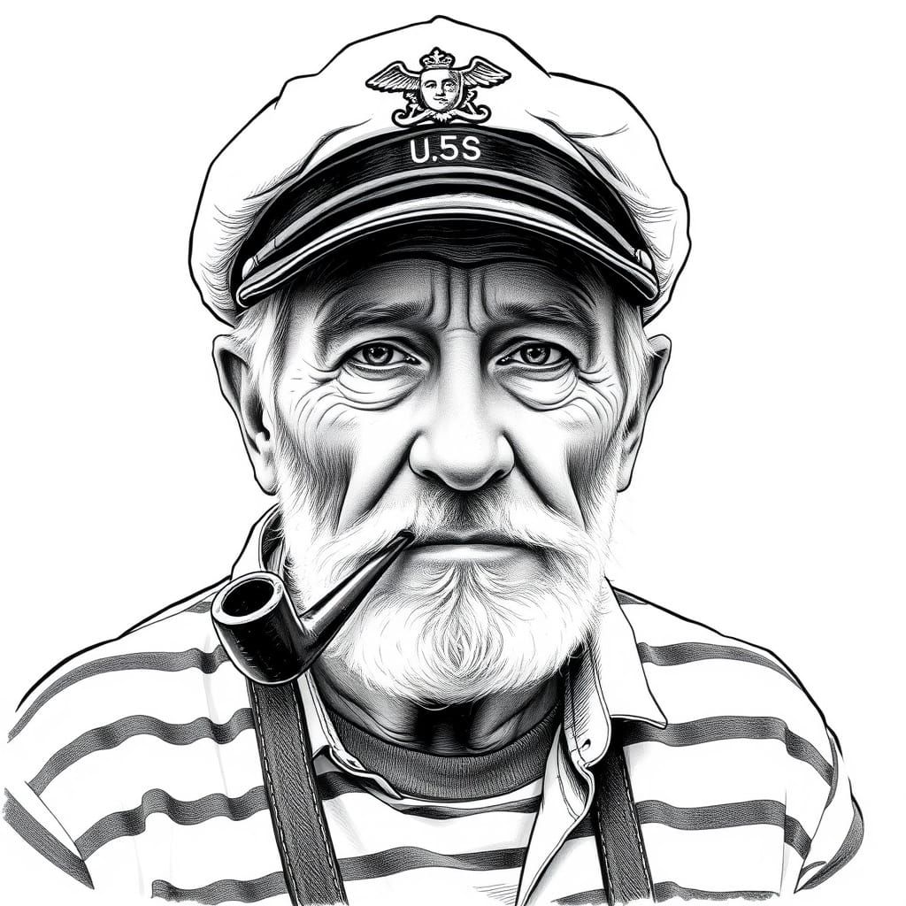 Elderly Fisherman in Striped T-Shirt and Captain Cap