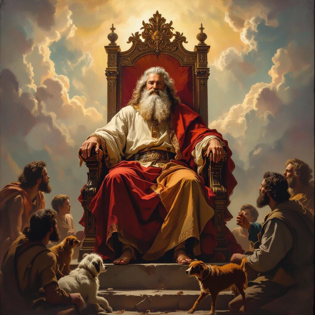 God on Throne Oversees Earthly Toil in Impasto Style