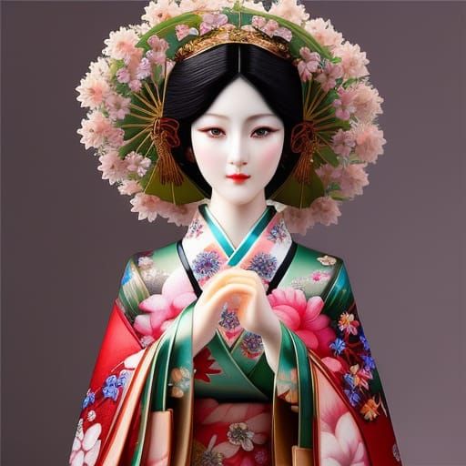 Japanese Woman in Kimono with Cherry Blossoms