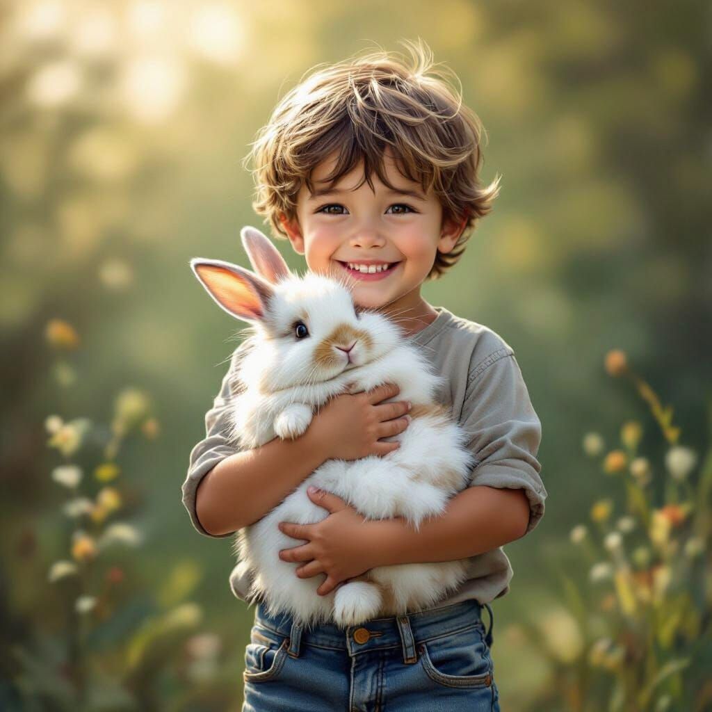 Boy Hugs Fluffy Bunny in Hyperrealistic Style