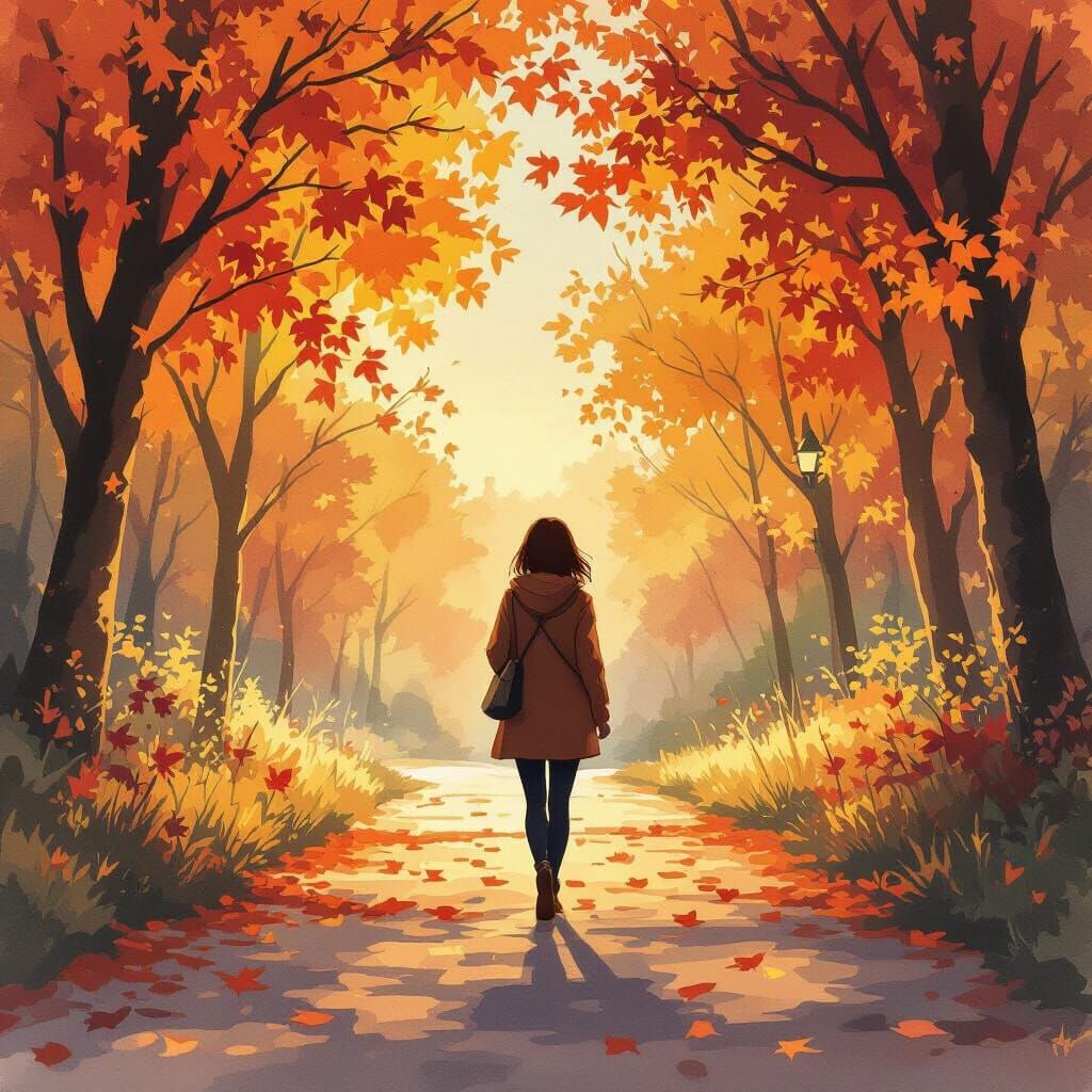 Autumnal Woman in Shinkai-Inspired Watercolor Landscape