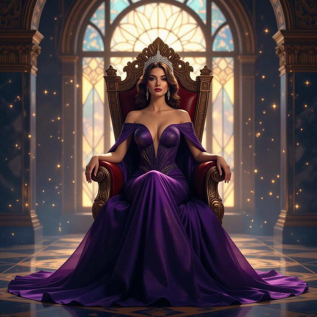 Regal Woman on Celestial Throne in Art Deco Ballroom