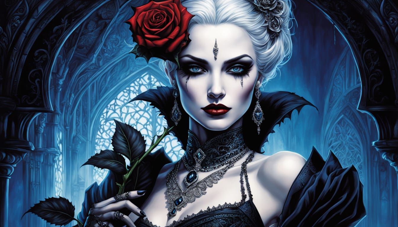 Gothic Showgirl with Rose in Vampiric Cabaret