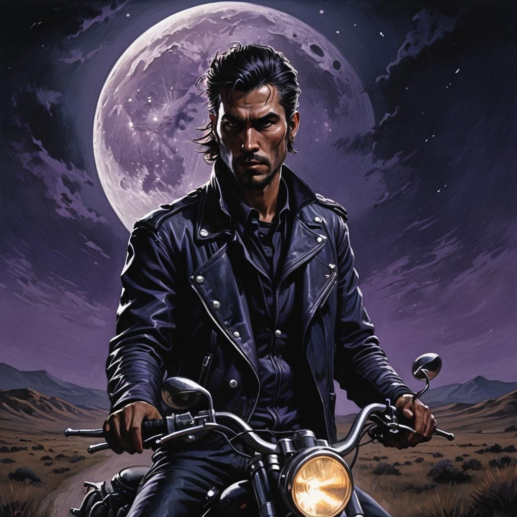 Night Biker in Steppe: Dark Fantasy Illustration