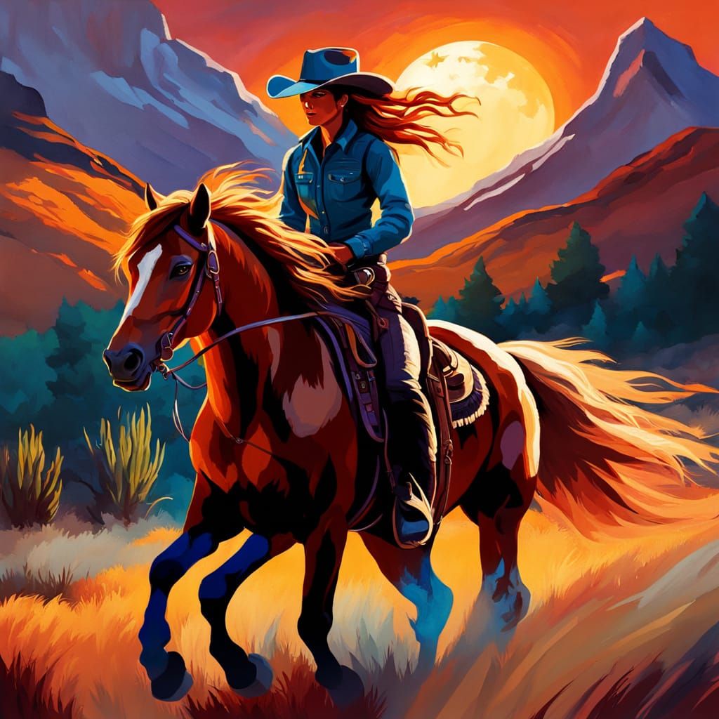 Woman Rides Wildfire: Vibrant Oil Painting