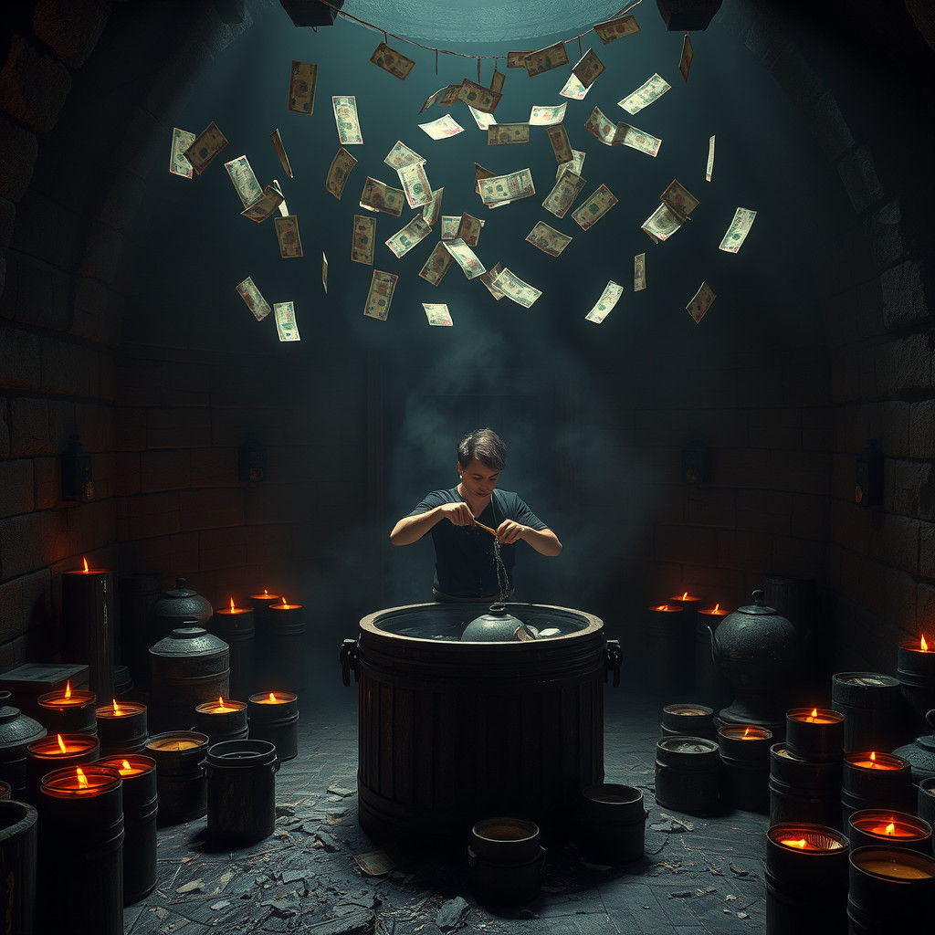 Photographer's Mystical Ritual in Dimly Lit Room