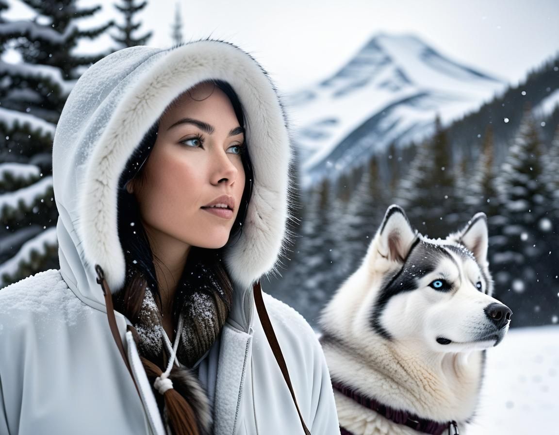 Eskimo Woman and Husky in Snowy Landscape