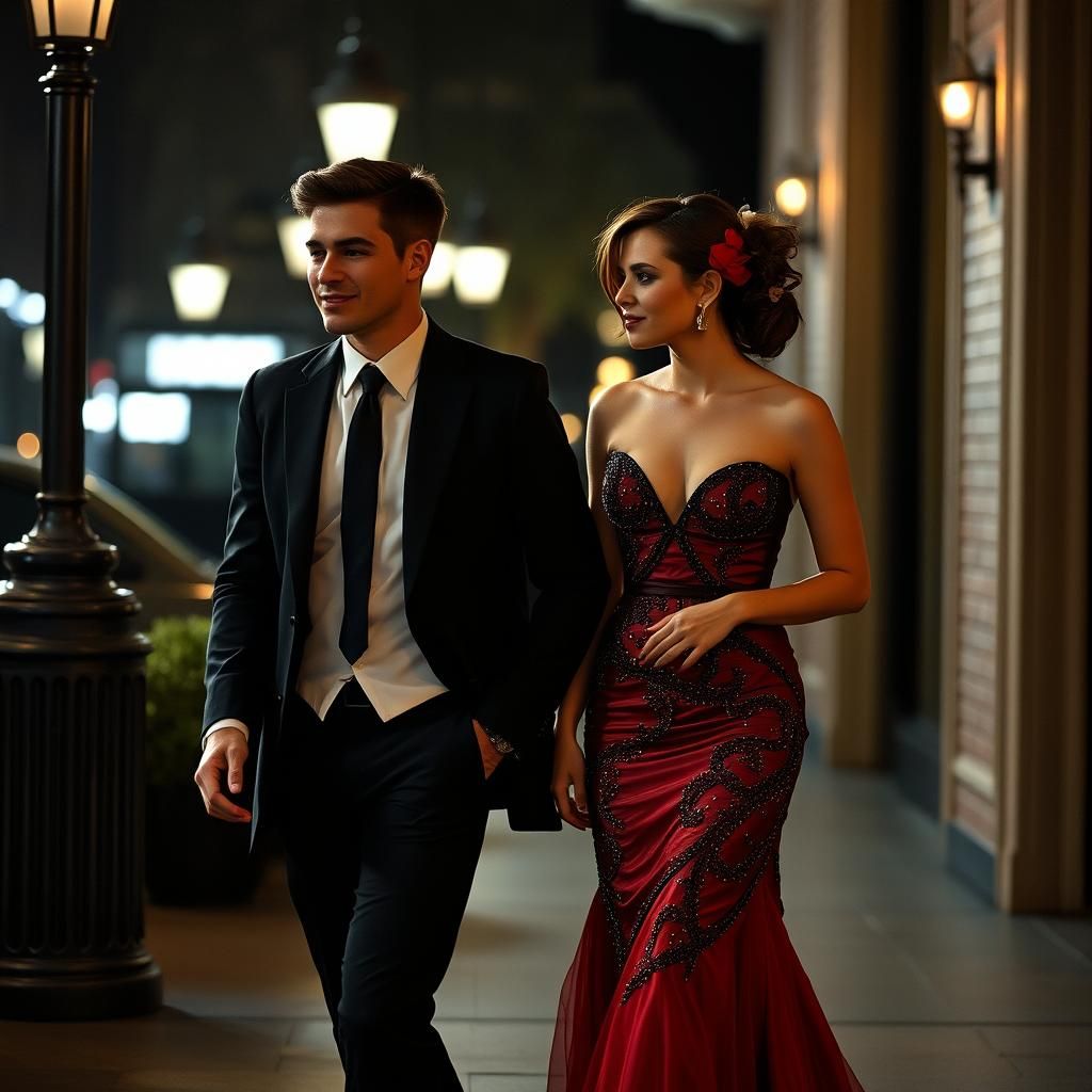 Elegant Couple Strolling: A Cinematic Photograph