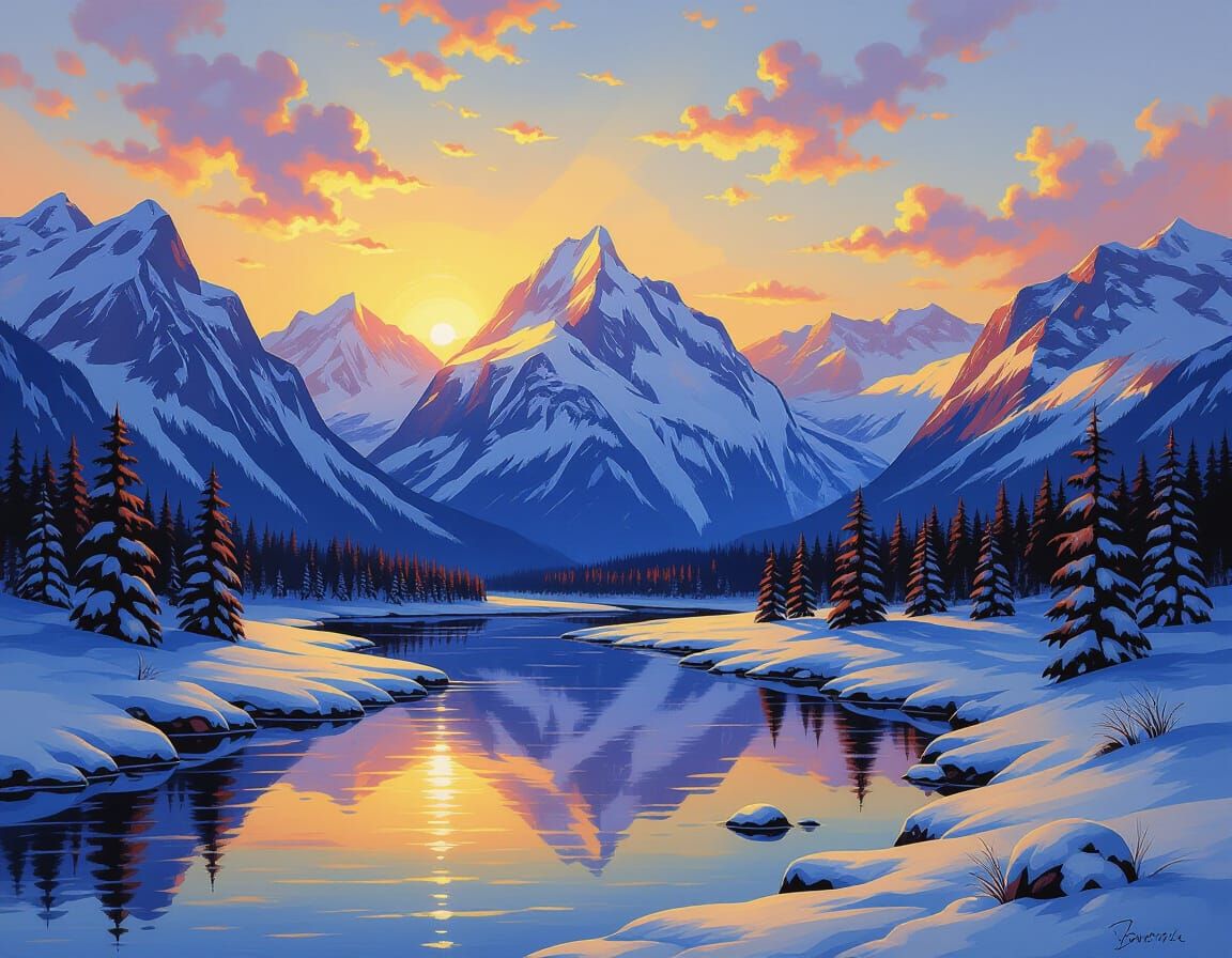 Mountain Sunrise Landscape Painting in Luminist Style